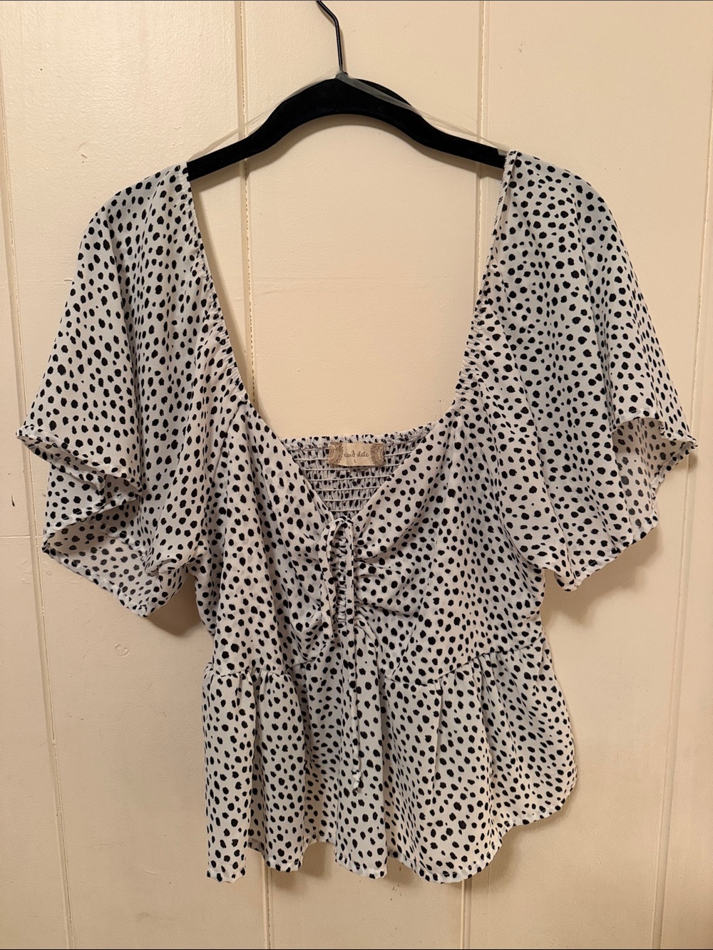 Altar’d State Polka Dot Tie-Front Peplum Blouse - Black on White